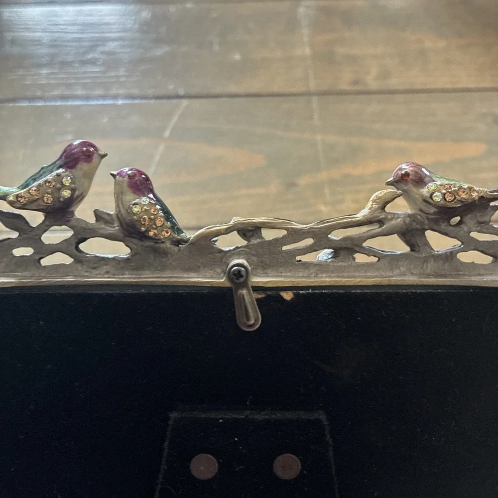 Metal Enamel Picture Frame with Birds and Vines Rhinestones 4 X 5